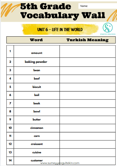5th Grade - Theme 6 Vocabulary Exercise English-Turkish